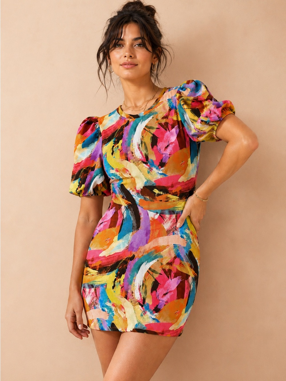Willa Story Colorful Abstract Brushstroke Puff Sleeve Dress - Picture 1 of 5